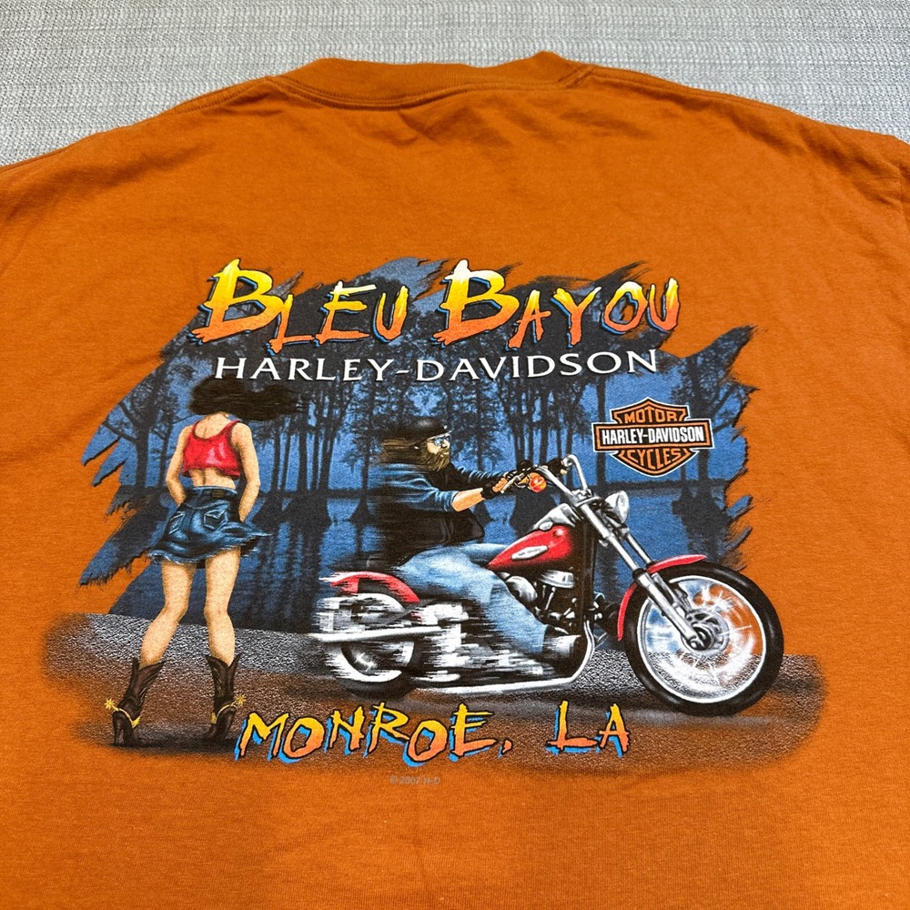 Harley Davidson Mens Shirt large Bleu Bayou Monroe LA Graphic Orange Beefy Hanes